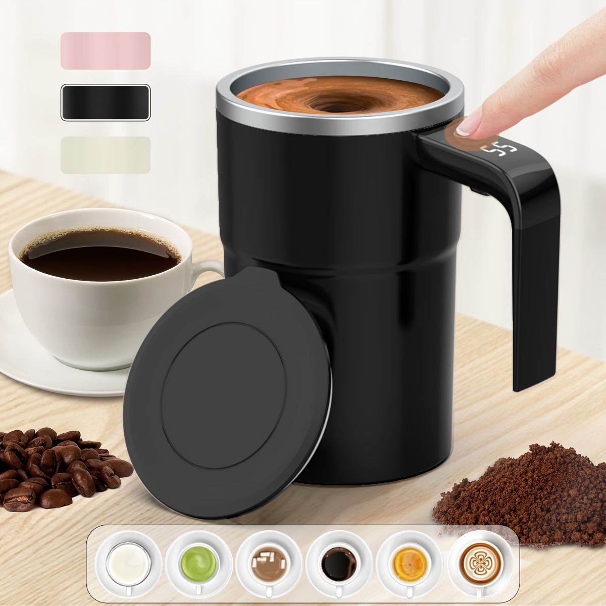 Self-Stirring Coffee Mug Automatic Stir Mug LED Temperature Mug Rechargeable - Beige - Size 380ML