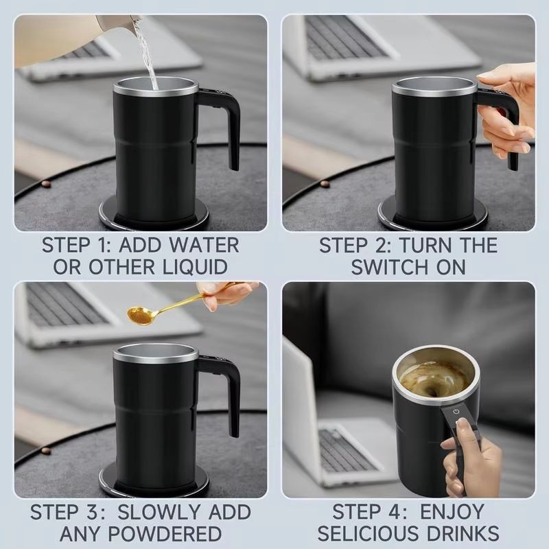 Self-Stirring Coffee Mug Automatic Stir Mug LED Temperature Mug Rechargeable - Black - Size 380ML