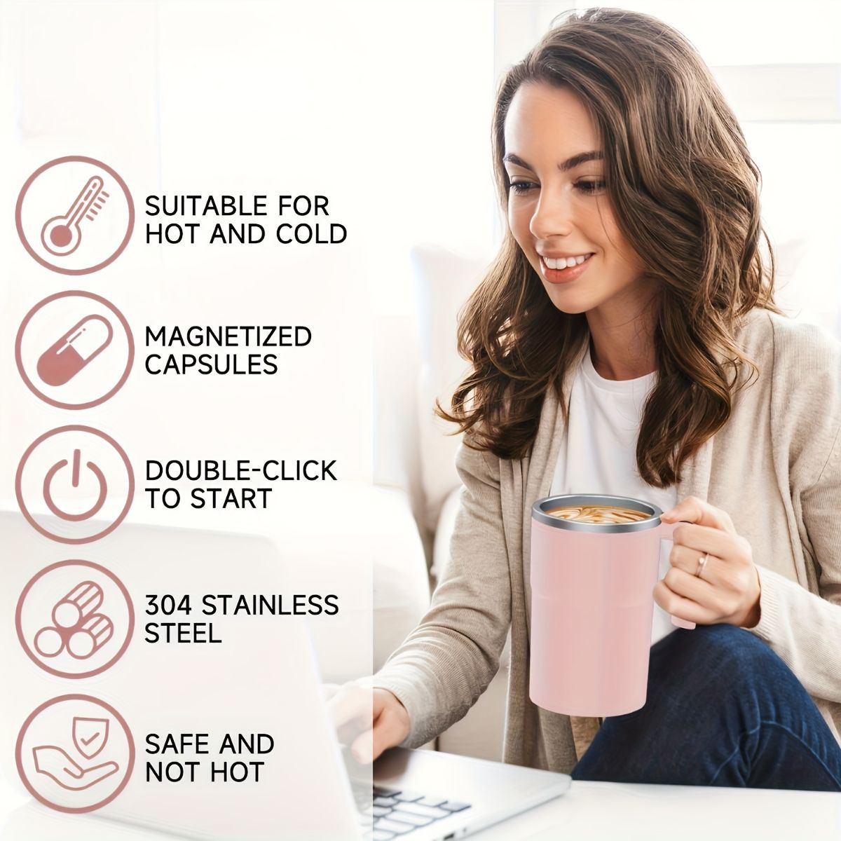 Self-Stirring Coffee Mug Automatic Stir Mug LED Temperature Mug Rechargeable - Pink - Size 380ML