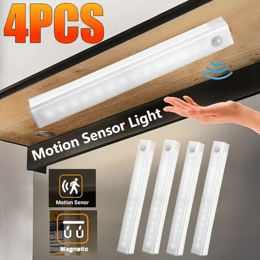 Four multi-size magnetic LED motion sensor lights (three colors adjustable), USB rechargeable cabinet light, LED motion sensor light strip, indoor motion sensor lighting for bedroom, kitchen, corridor, stairs, wardrobe, garage, bathroom - Home night light