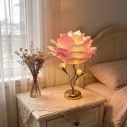 Rose Flower Table Lamp Aesthetic Bedside Desk Nightstand Cute Room Pink White Decor Gold Metal Floral Soft Glowing Light Romantic Gifts Vanity Accessories，Color Mixing - White-Pink - Size 15.7x11Inches