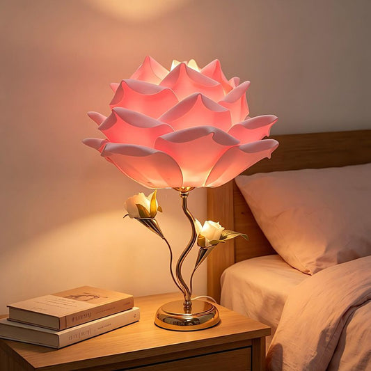 Rose Flower Table Lamp Aesthetic Bedside Desk Nightstand Cute Room Pink White Decor Gold Metal Floral Soft Glowing Light Romantic Gifts Vanity Accessories，Color Mixing - White-Pink - Size 15.7x11Inches