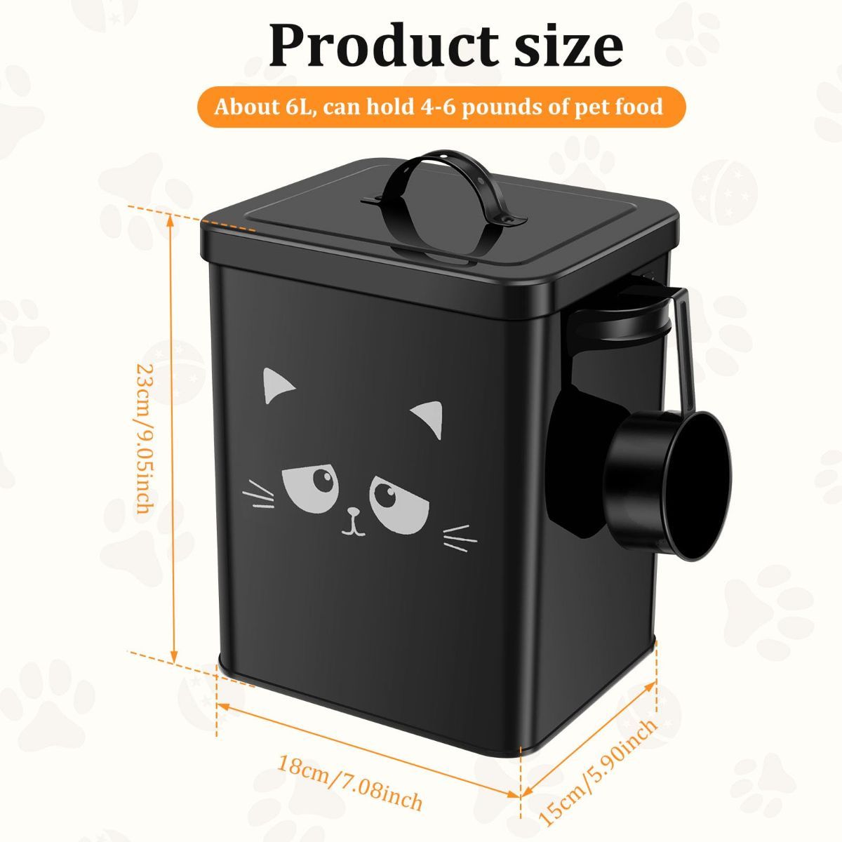 Cat Food Storage Container, 6L/202OZ Large Capacity Pet Food Storage Bin with Airtight Lid and Scoop, Metal Pet Storage Bucket, Portable Cute Cat Treat Container for Home Travels