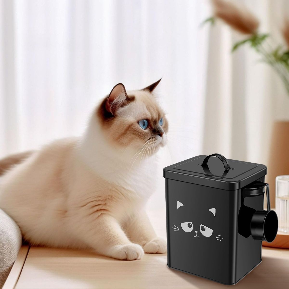 Cat Food Storage Container, 6L/202OZ Large Capacity Pet Food Storage Bin with Airtight Lid and Scoop, Metal Pet Storage Bucket, Portable Cute Cat Treat Container for Home Travels