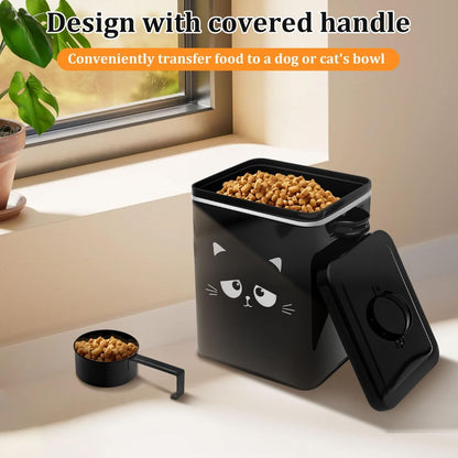 Cat Food Storage Container, 6L/202OZ Large Capacity Pet Food Storage Bin with Airtight Lid and Scoop, Metal Pet Storage Bucket, Portable Cute Cat Treat Container for Home Travels
