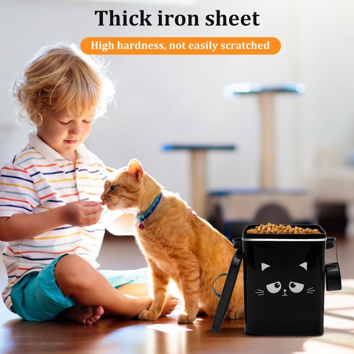 Cat Food Storage Container, 6L/202OZ Large Capacity Pet Food Storage Bin with Airtight Lid and Scoop, Metal Pet Storage Bucket, Portable Cute Cat Treat Container for Home Travels