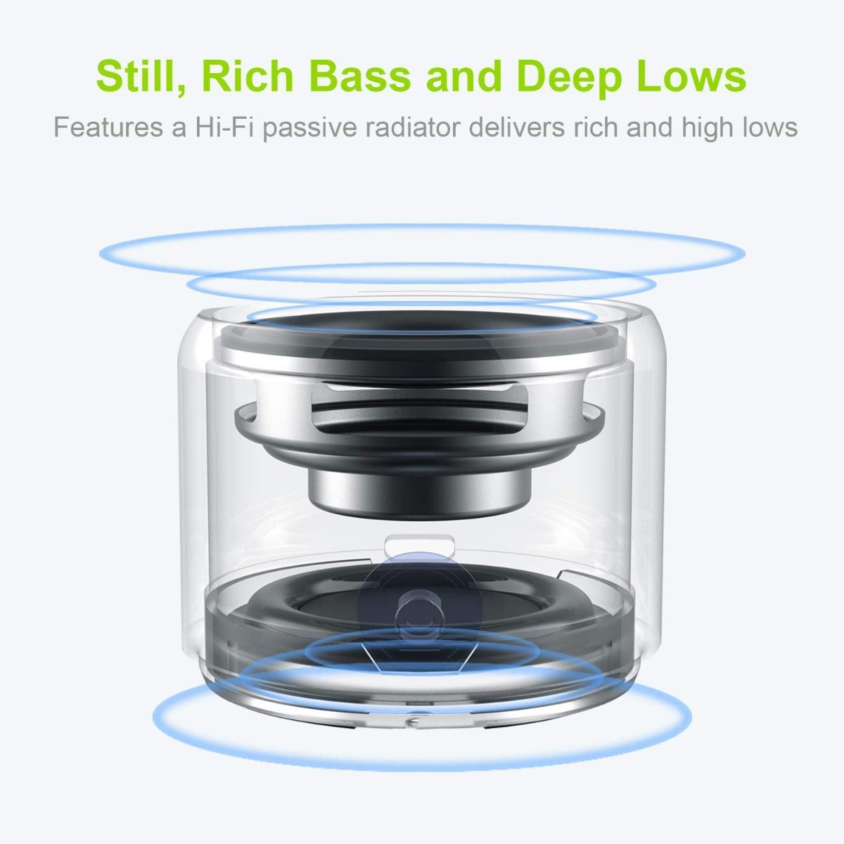 Travel Case Packed, A106 Pro Portable Bluetooth Speaker with Custom Bass Radiator, Brief Design, IP67 Waterproof, Perfect Mini Speaker for Shower, Room, Bike, Car - Silver - Size 1.89in*1.54in
