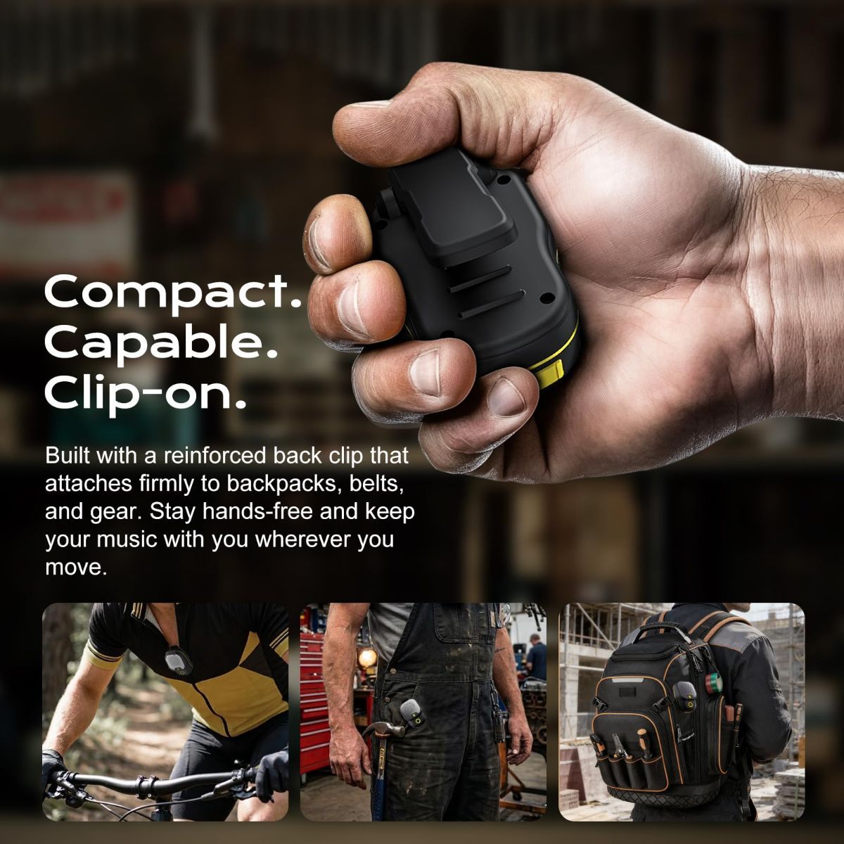 Wearable Bluetooth 5.3 Speaker, 30H Battery, IPX7 Waterproof | Clip-On Design, TWS Pairing, Built-In ENC Mic, Hands-Free Music & Calls, Jobsite Use, Portable Wireless Speaker