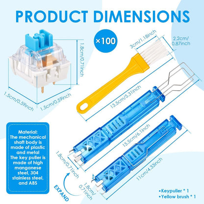 100 PCS Blue Mechanical Keyboard Switches Clickers with Upgraded 4-Claw Switch Puller & Brush, Dustproof Clicky Tactile Switches for Gaming Keyboards, 3D Prints