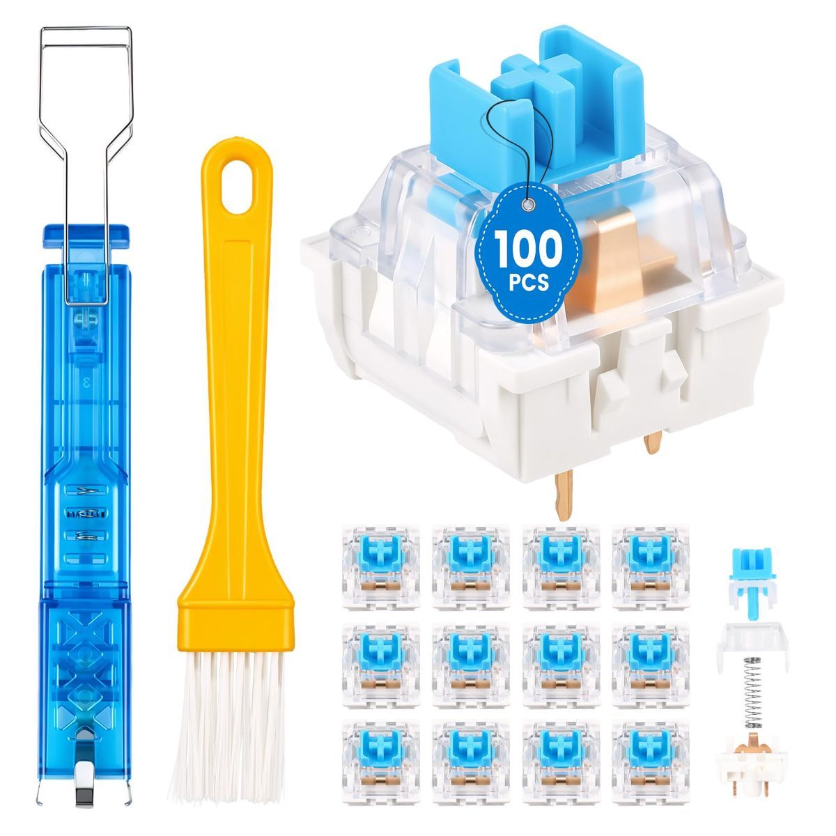 100 PCS Blue Mechanical Keyboard Switches Clickers with Upgraded 4-Claw Switch Puller & Brush, Dustproof Clicky Tactile Switches for Gaming Keyboards, 3D Prints