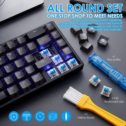 100 PCS Blue Mechanical Keyboard Switches Clickers with Upgraded 4-Claw Switch Puller & Brush, Dustproof Clicky Tactile Switches for Gaming Keyboards, 3D Prints