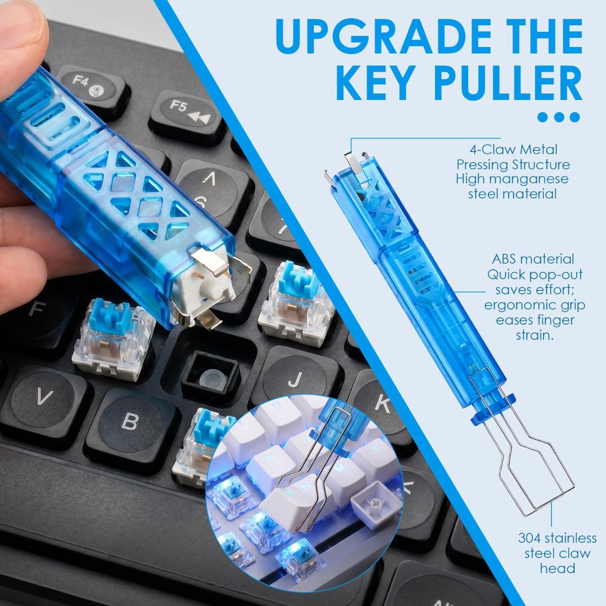 100 PCS Blue Mechanical Keyboard Switches Clickers with Upgraded 4-Claw Switch Puller & Brush, Dustproof Clicky Tactile Switches for Gaming Keyboards, 3D Prints