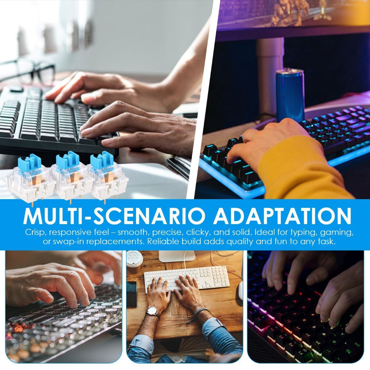 100 PCS Blue Mechanical Keyboard Switches Clickers with Upgraded 4-Claw Switch Puller & Brush, Dustproof Clicky Tactile Switches for Gaming Keyboards, 3D Prints