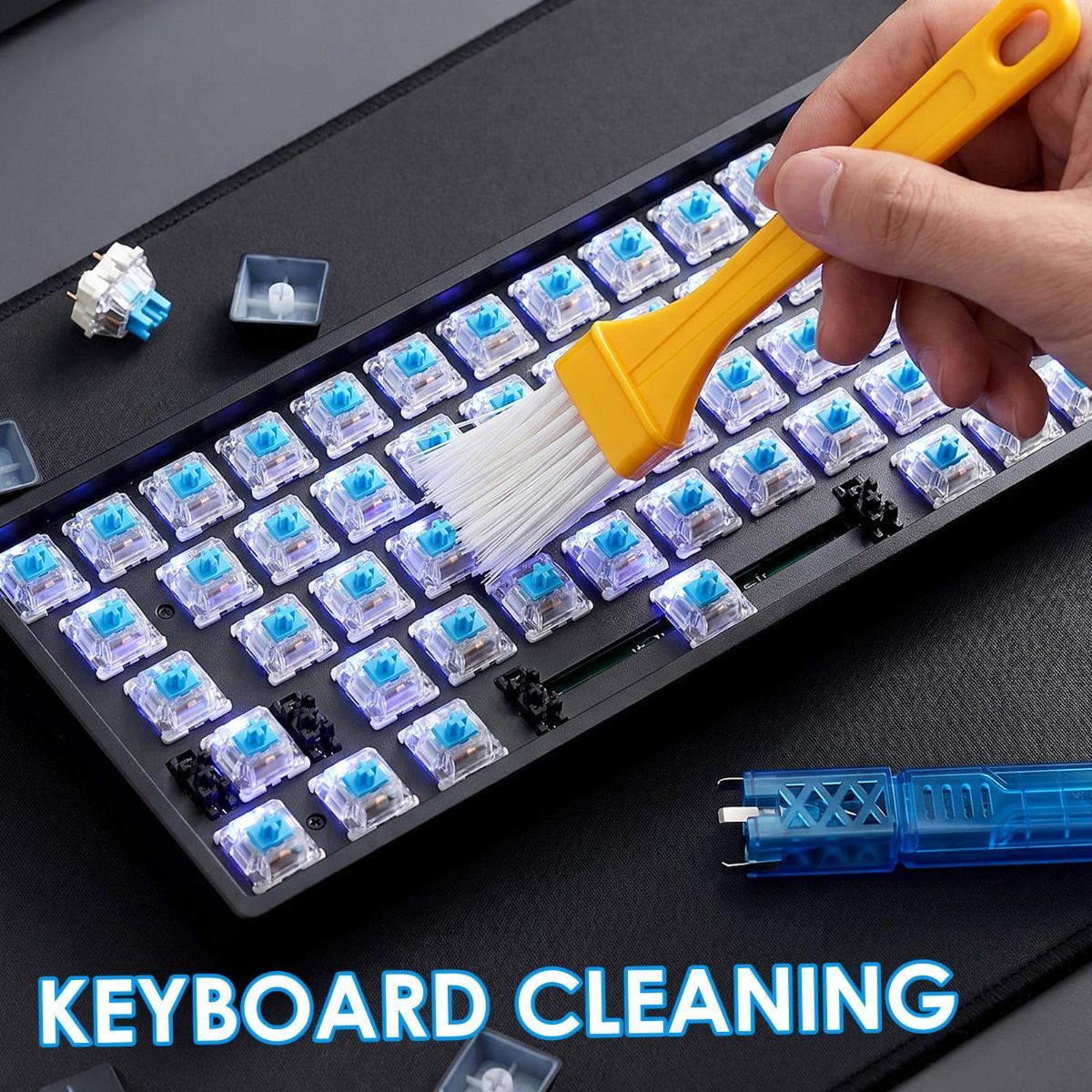 100 PCS Blue Mechanical Keyboard Switches Clickers with Upgraded 4-Claw Switch Puller & Brush, Dustproof Clicky Tactile Switches for Gaming Keyboards, 3D Prints
