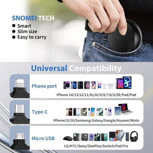 2Pack Multi Charging Retractable Cable with USB A to USB Type C/Micro USB/IP Port for Smartphone, Data Sync and Fast Charging Cord for iPhone, iPad, Samsung, Tablets, Laptop and More - Black - Size 2Pack