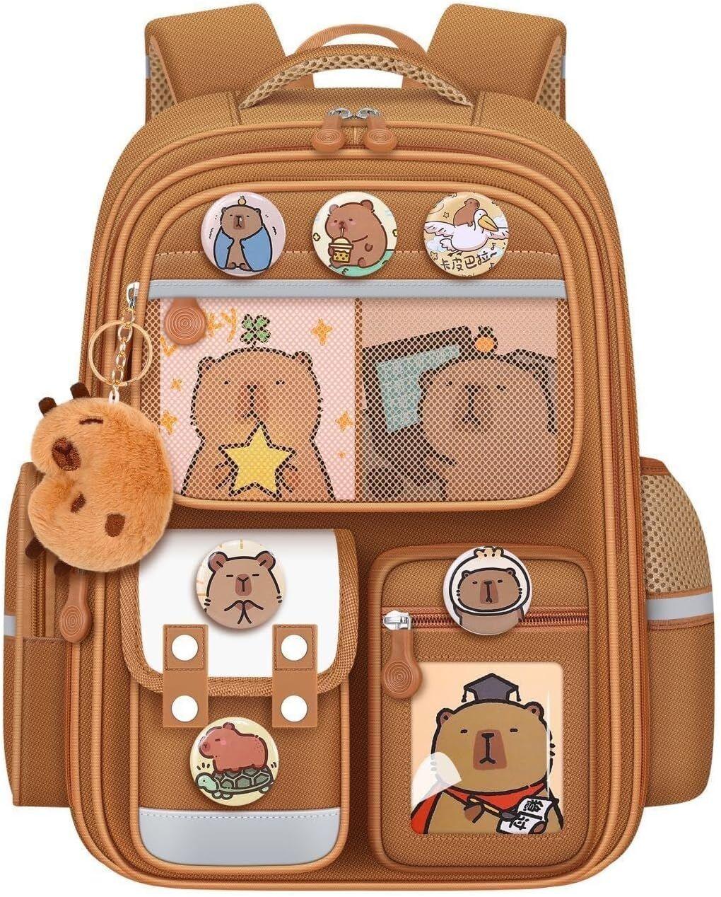 Cute Capybara Backpack with Chic Case and More Pins Ita Bag Cartoon Laptop Travel Utility Funny Going Out Casual Bag(Khaki) - Mekamart Australia
