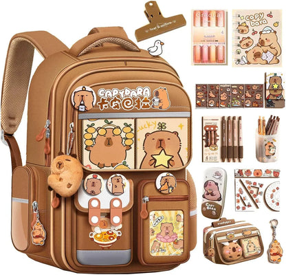 Cute Capybara Backpack with Chic Case and More Pins Ita Bag Cartoon Laptop Travel Utility Funny Going Out Casual Bag(Khaki) - Mekamart Australia
