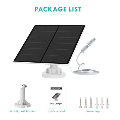 5W Solar Panel for Outdoor Security Camera – 5V USB Charger with 9.8ft Cable, IP65 Waterproof, Adjustable Mount, Compatible with Most Battery Cameras (White)