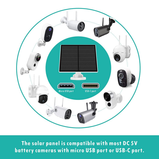 2-Pack 5W Solar Panel for Outdoor Security Camera – 5V USB Charger with 9.8ft Cable, IP65 Waterproof, Adjustable Mount, Compatible with Most Battery Cameras (White)