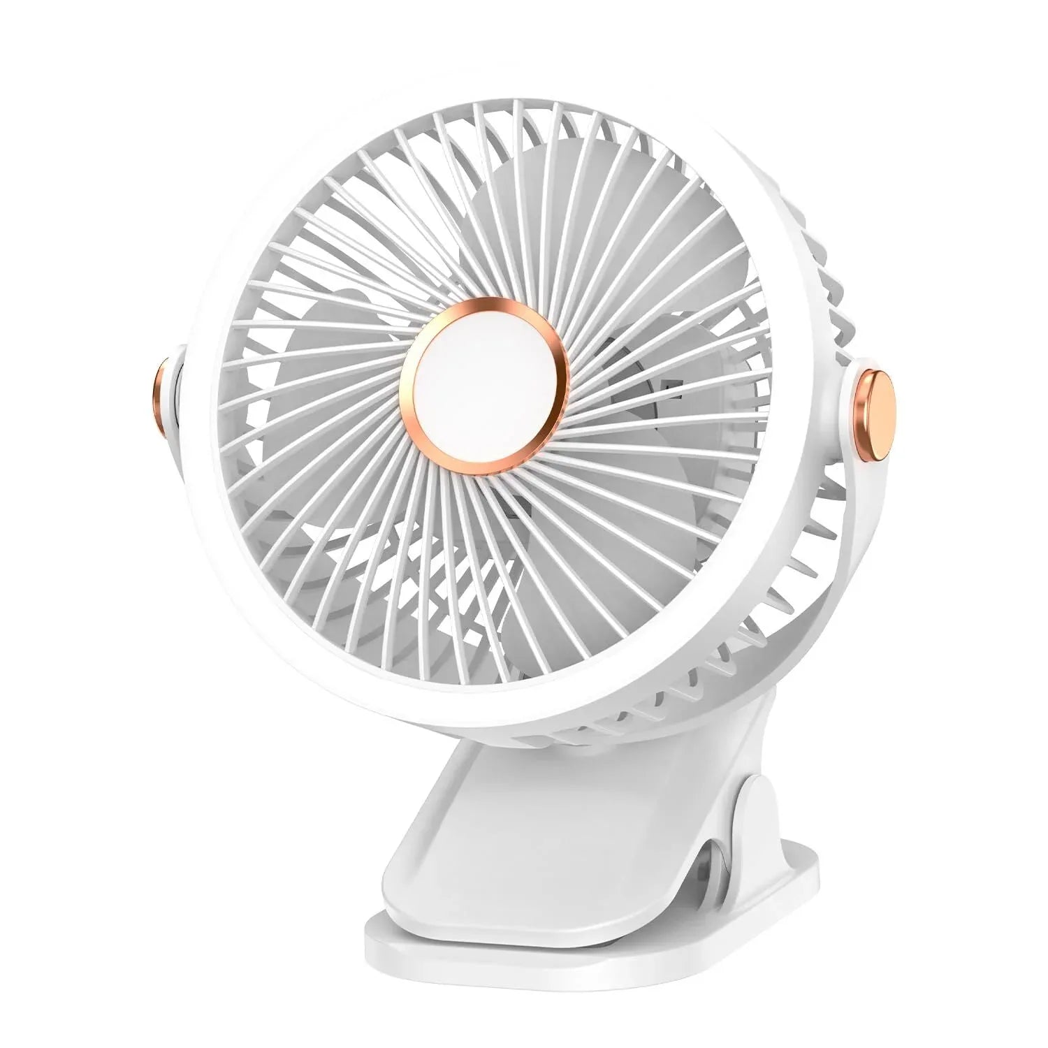 Mini Clip-on Fan with LED Light – USB Rechargeable, 360° Rotatable, 5-Speed Cooling for Desk, Bed, Camping & Travel (White) - Mekamart Australia
