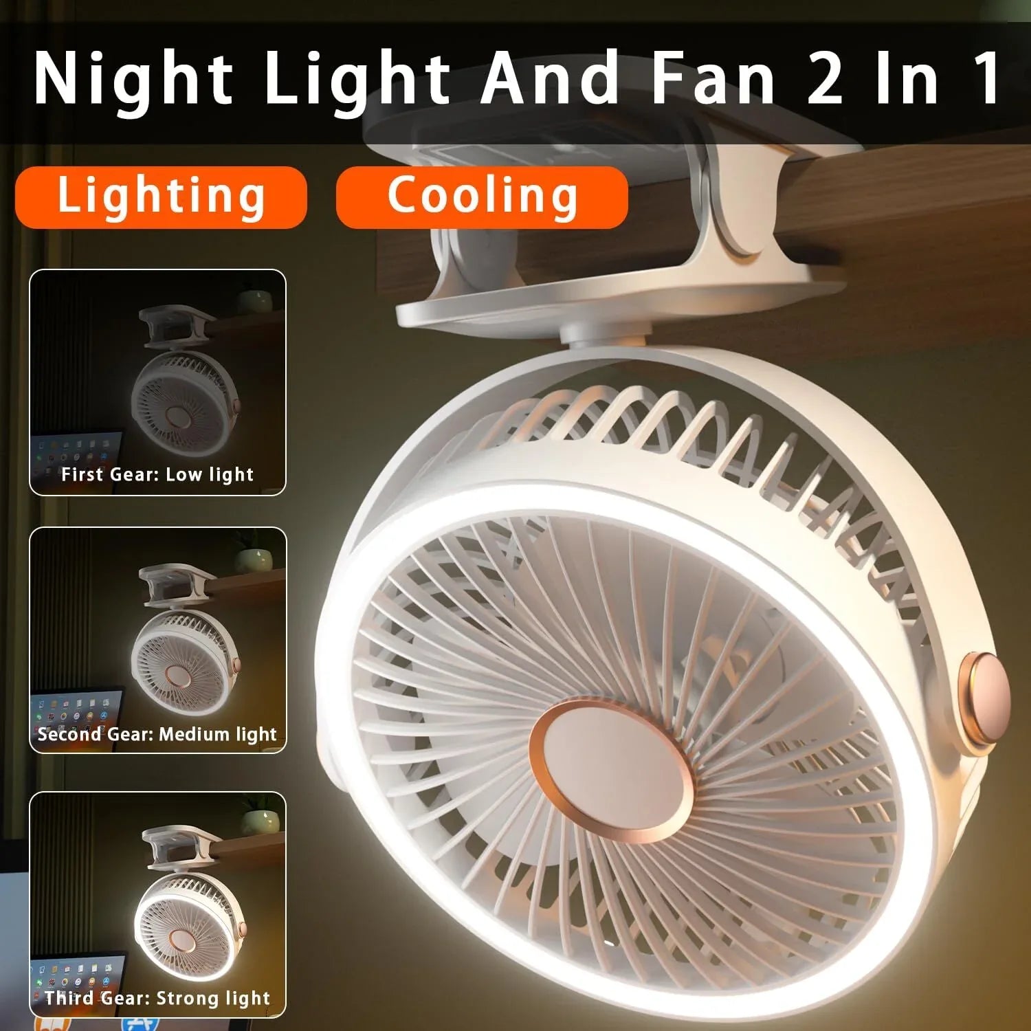 Mini Clip-on Fan with LED Light – USB Rechargeable, 360° Rotatable, 5-Speed Cooling for Desk, Bed, Camping & Travel (White) - Mekamart Australia