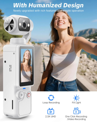 Handheld Pocket Camera – 2.5K UHD, 180° Rotating Lens, Fill Light, 2000mAh Battery, No App Needed, 32GB Included, for Vlog & Travel (White)