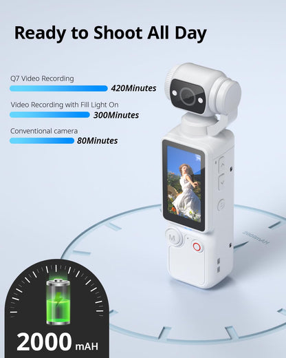 Handheld Pocket Camera – 2.5K UHD, 180° Rotating Lens, Fill Light, 2000mAh Battery, No App Needed, 32GB Included, for Vlog & Travel (White)