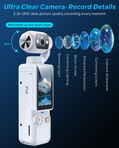 Handheld Pocket Camera – 2.5K UHD, 180° Rotating Lens, Fill Light, 2000mAh Battery, No App Needed, 32GB Included, for Vlog & Travel (White)