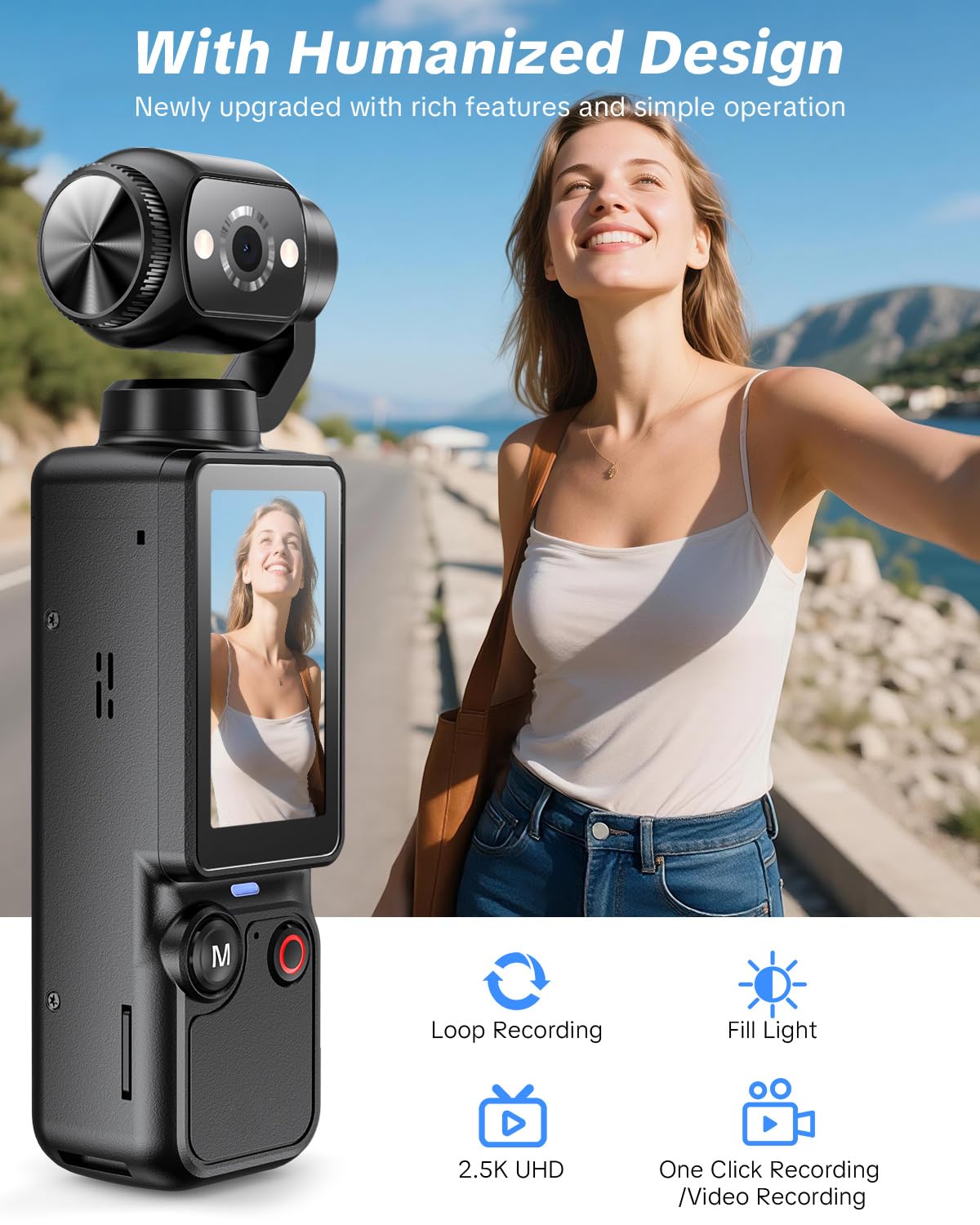 Handheld Pocket Camera – 2.5K UHD, 180° Rotating Lens, Fill Light, 2000mAh Battery, No App Needed, 32GB Included, for Vlog & Travel (Black)