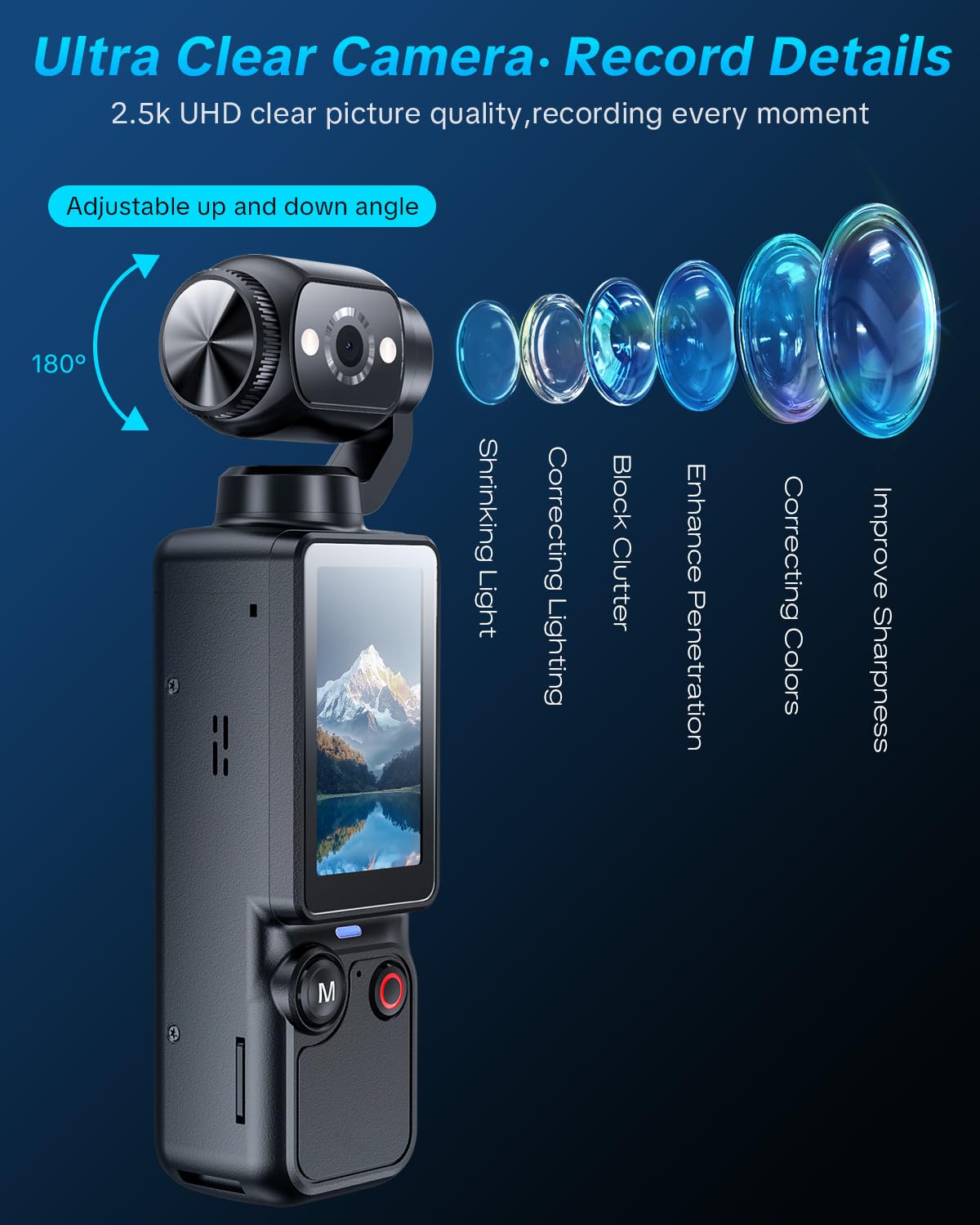 Handheld Pocket Camera – 2.5K UHD, 180° Rotating Lens, Fill Light, 2000mAh Battery, No App Needed, 32GB Included, for Vlog & Travel (Black)