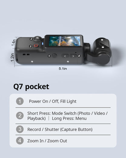 Handheld Pocket Camera – 2.5K UHD, 180° Rotating Lens, Fill Light, 2000mAh Battery, No App Needed, 32GB Included, for Vlog & Travel (Black)