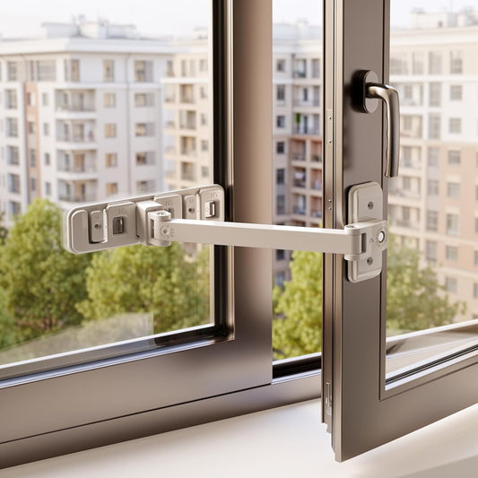 Adjustable Child Safety Window Lock with 3-Level Restrictor for Sliding and Casement Windows and Doors, No Drill Installation, Easy Adult Operation, Durable ABS and Zinc Alloy Construction (Gray)