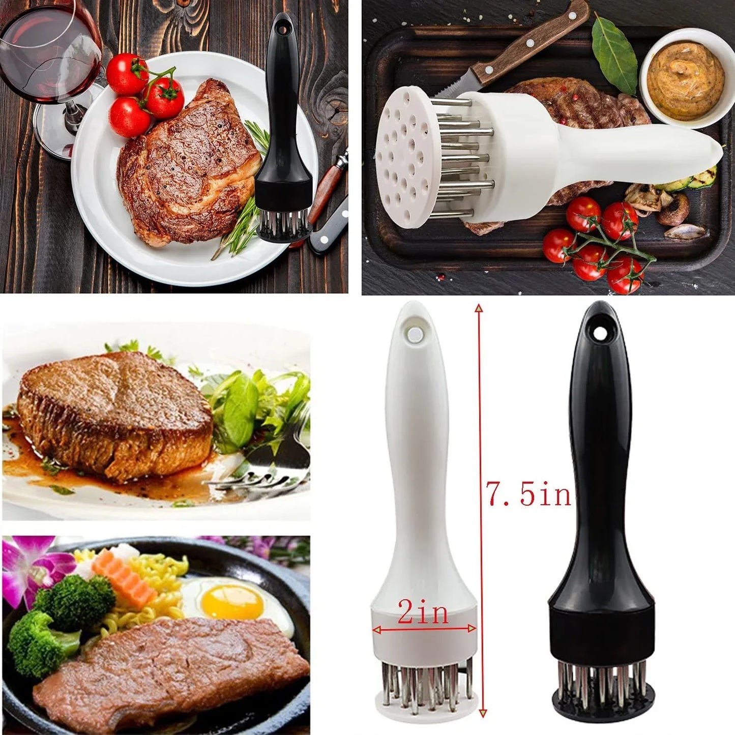 Meat Tenderizer Set with Stainless Steel Needles – 2-Piece Kitchen Tool for Marinating & Cooking Beef, Chicken, Pork, Fish (Black & White) - Mekamart Australia