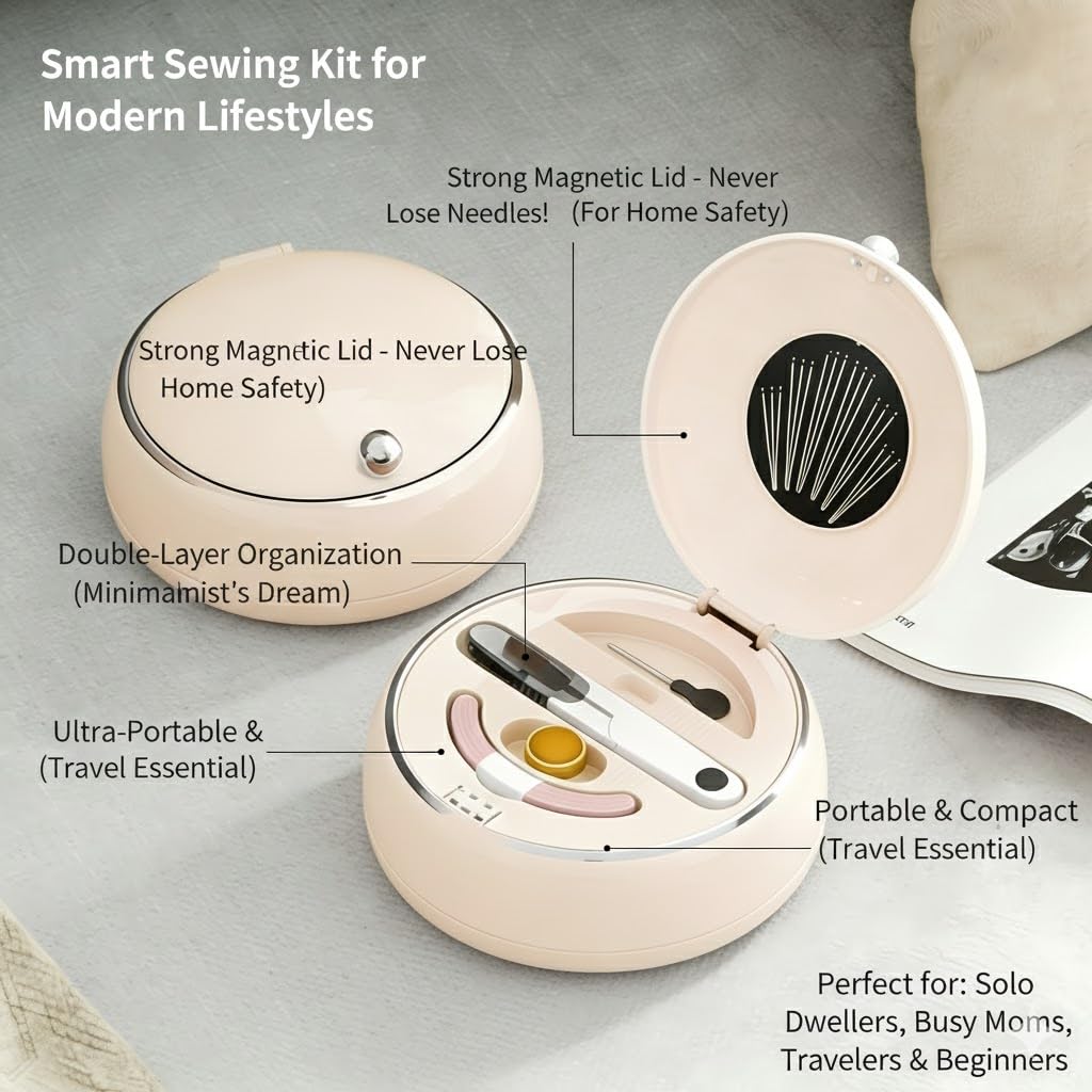 Modern Magnetic Sewing Kit – Compact Travel Sewing Box with Strong Magnetic Lid, 16-Thread Spools & Tools, Portable Needle Organizer for Home & On-the-Go Use (Beige)