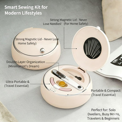 Modern Magnetic Sewing Kit – Compact Travel Sewing Box with Strong Magnetic Lid, 16-Thread Spools & Tools, Portable Needle Organizer for Home & On-the-Go Use (Beige)