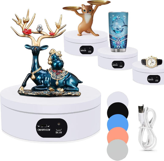 6.29-Inch Quiet 360° Rotating Display Stand for Tumblers, Figurines & Resin Art, Perfect for Video Production & Storefronts (White)