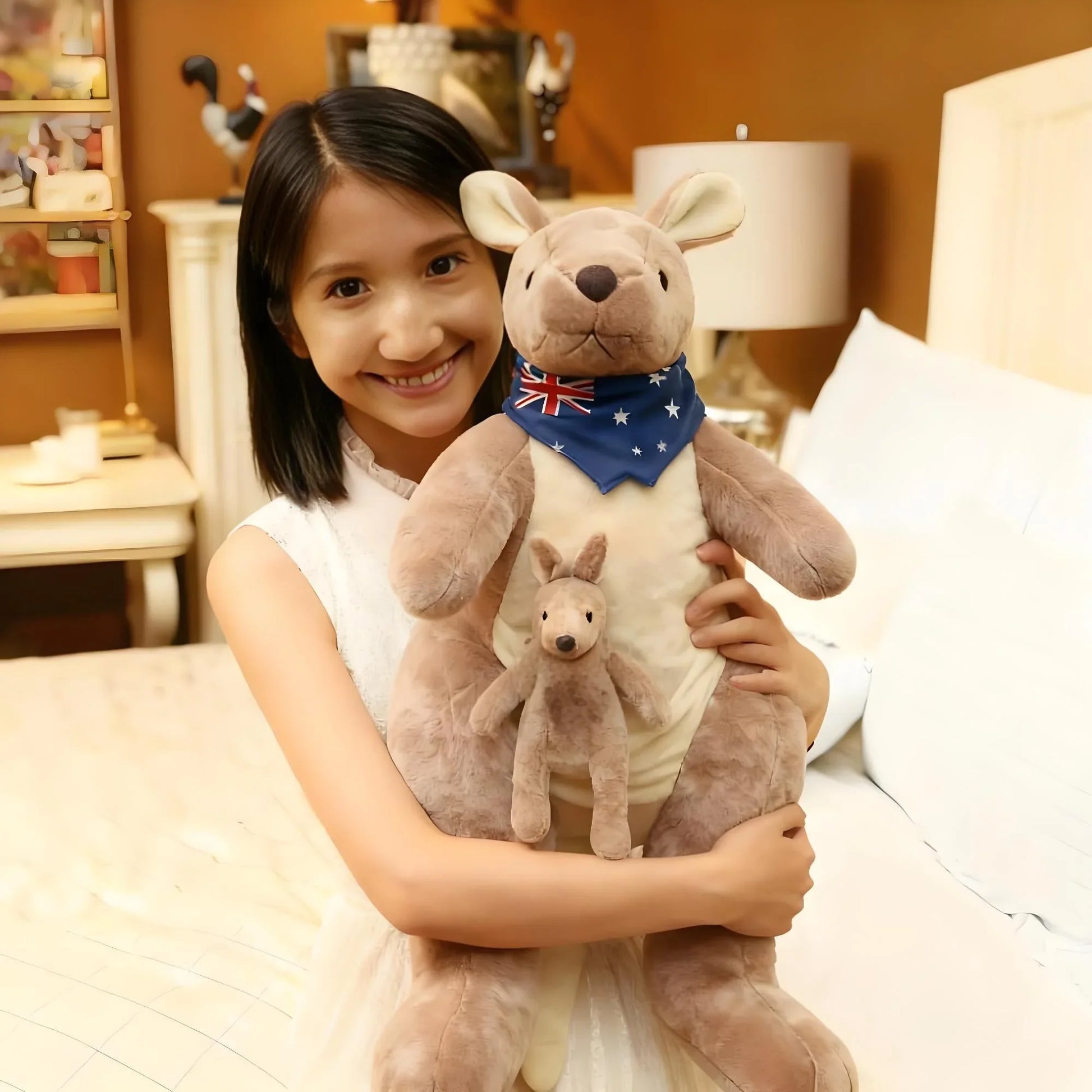 Kangaroo Stuffed Animal with Joey in Pouch & Australia Scarf - Soft Cuddly Plush Toy(55cm, light grey)| Other Colors Available in Store - Mekamart Australia
