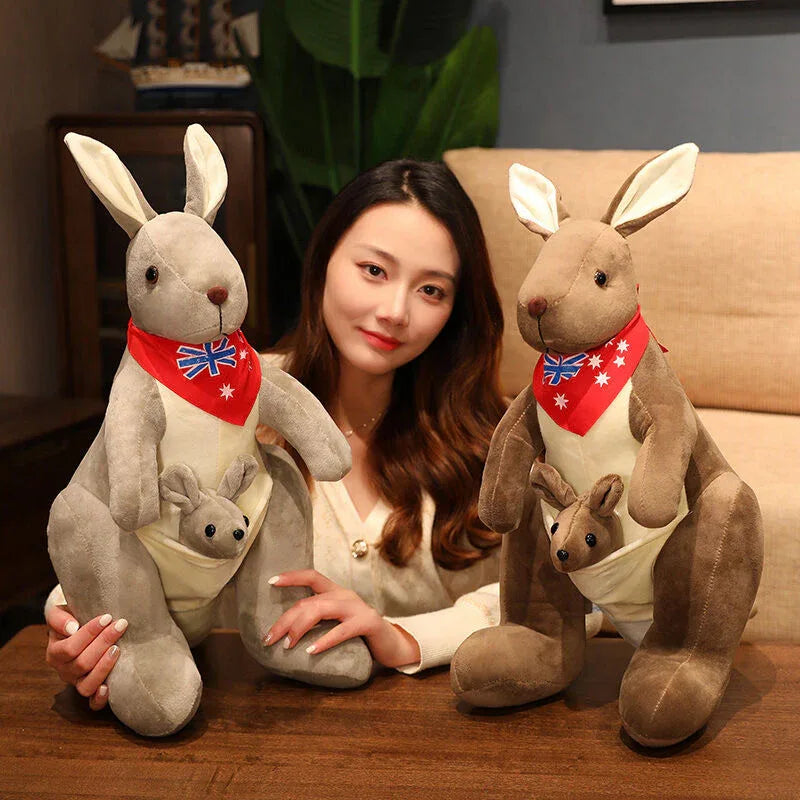 Kangaroo Stuffed Animal with Joey in Pouch & Australia Scarf - Soft Cuddly Plush Toy(55cm, light grey)| Other Colors Available in Store - Mekamart Australia