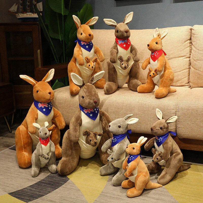 Kangaroo Stuffed Animal with Joey in Pouch & Australia Scarf - Soft Cuddly Plush Toy(55cm, light grey)| Other Colors Available in Store - Mekamart Australia