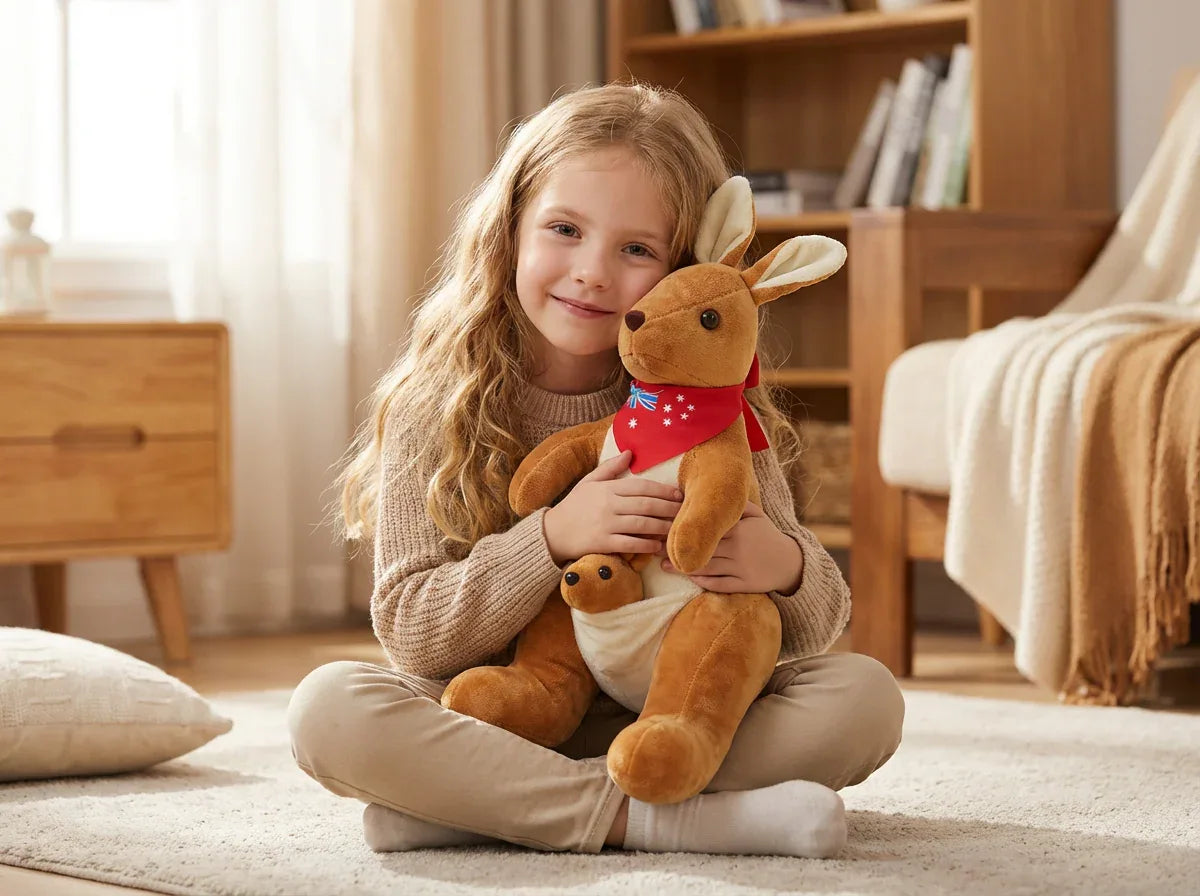 Kangaroo Stuffed Animal with Joey in Pouch & Australia Scarf - Soft Cuddly Plush Toy(45cm, light brown
)| Other Colors Available in Store - Mekamart Australia
