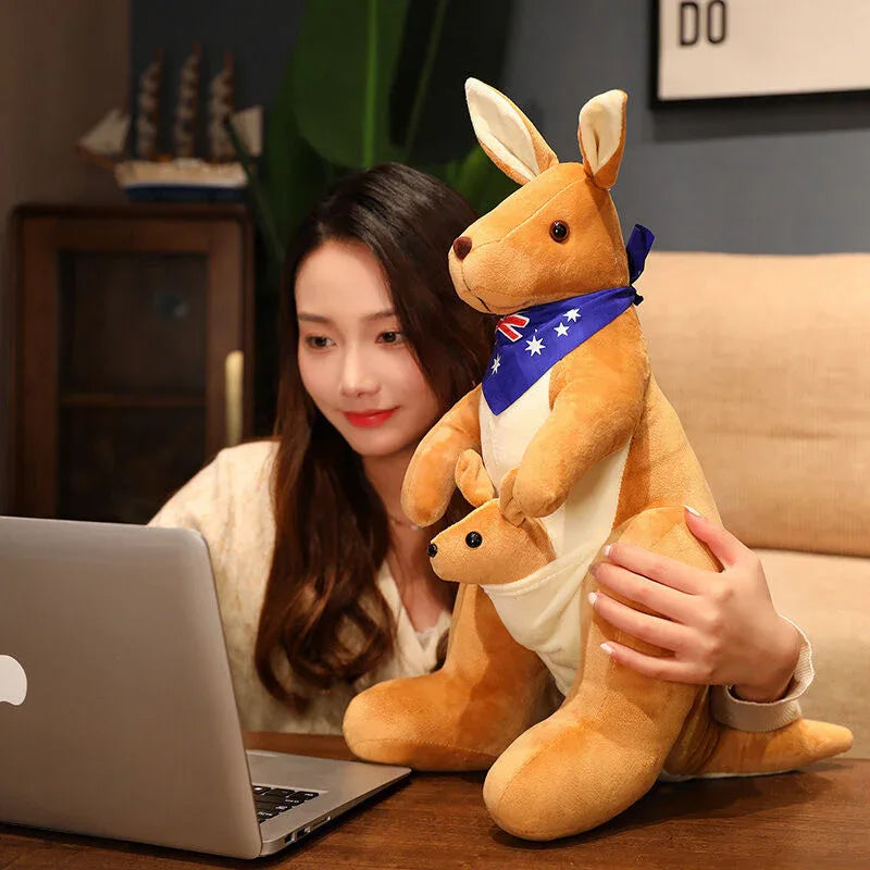 Kangaroo Stuffed Animal with Joey in Pouch & Australia Scarf - Soft Cuddly Plush Toy(45cm, light brown
)| Other Colors Available in Store - Mekamart Australia