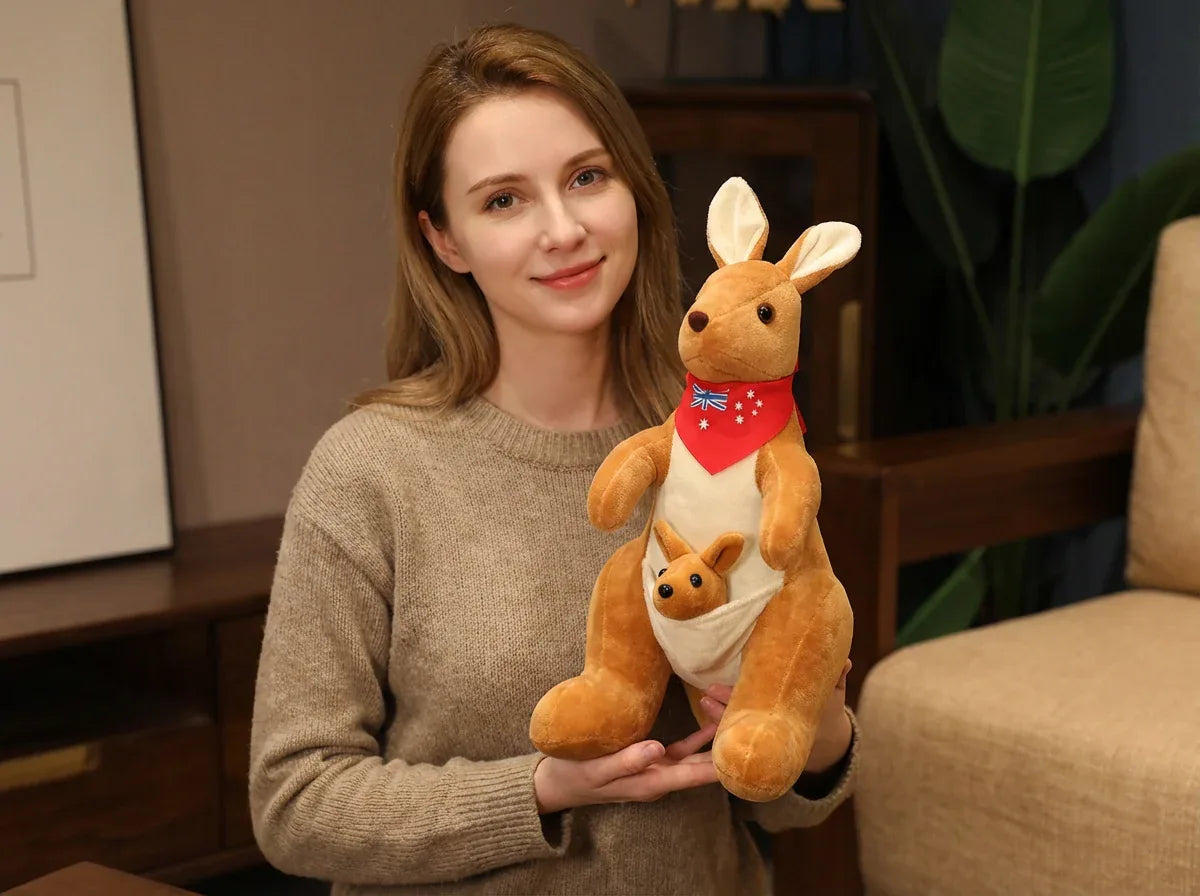 Kangaroo Stuffed Animal with Joey in Pouch & Australia Scarf - Soft Cuddly Plush Toy(55cm, light brown
)| Other Colors Available in Store - Mekamart Australia