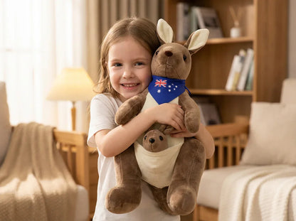 Kangaroo Stuffed Animal with Joey in Pouch & Australia Scarf - Soft Cuddly Plush Toy(32cm, Dark brown
)| Other Colors Available in Store - Mekamart Australia