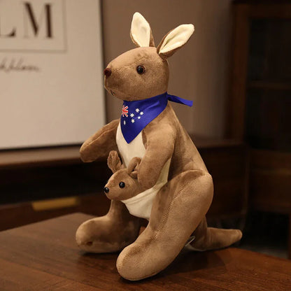 Kangaroo Stuffed Animal with Joey in Pouch & Australia Scarf - Soft Cuddly Plush Toy(45cm, Dark brown
)| Other Colors Available in Store - Mekamart Australia