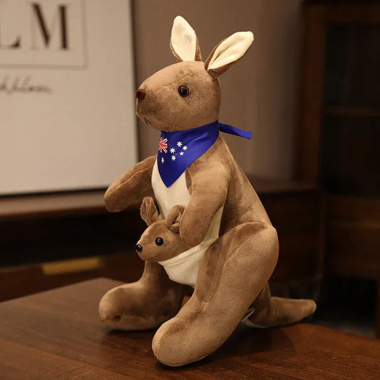Kangaroo Stuffed Animal with Joey in Pouch & Australia Scarf - Soft Cuddly Plush Toy(45cm, Dark brown
)| Other Colors Available in Store - Mekamart Australia