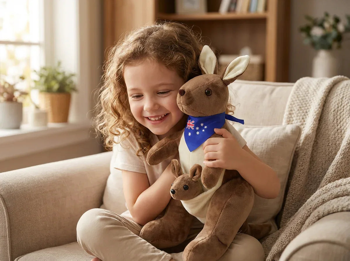 Kangaroo Stuffed Animal with Joey in Pouch & Australia Scarf - Soft Cuddly Plush Toy(55cm, Dark brown
)| Other Colors Available in Store - Mekamart Australia