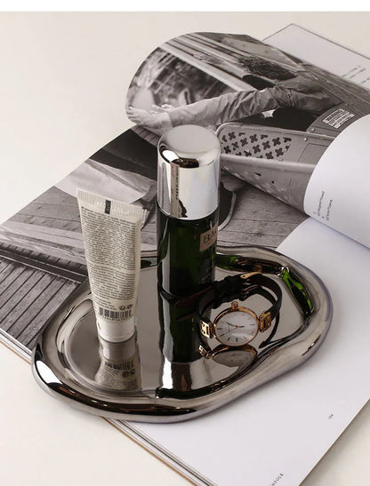 Silver Plated Ceramic Tray Set (Round & Long Shapes) – Minimalist Luxury Decorative Organizer for Jewelry, Vanity & Home Display| Other Styles Available in Store - Mekamart Australia