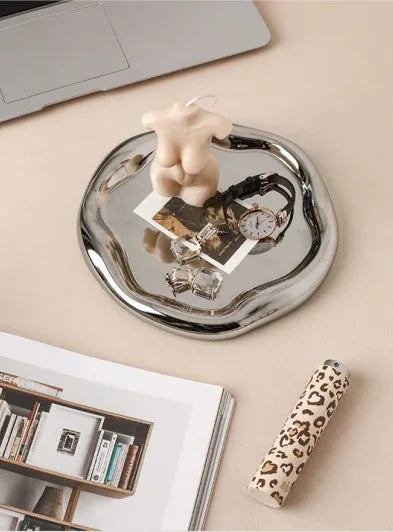 Silver Plated Ceramic Tray Set (Round & Long Shapes) – Minimalist Luxury Decorative Organizer for Jewelry, Vanity & Home Display| Other Styles Available in Store - Mekamart Australia