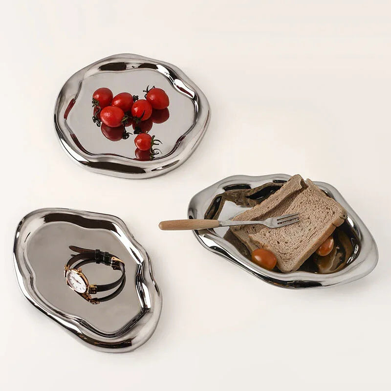 Silver Plated Ceramic Tray Set (Round & Long Shapes) – Minimalist Luxury Decorative Organizer for Jewelry, Vanity & Home Display| Other Styles Available in Store - Mekamart Australia