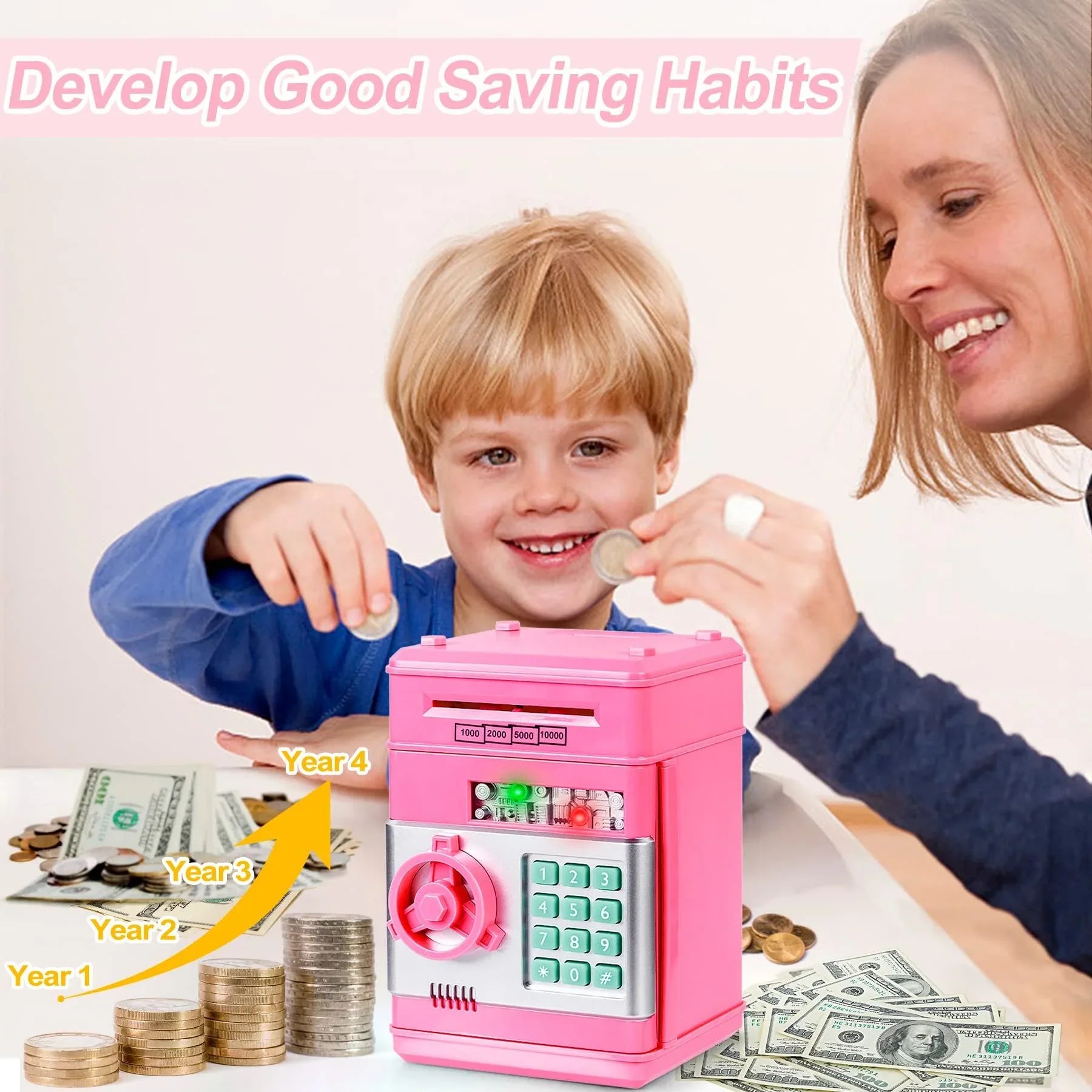 Smart ATM Piggy Bank with Password Lock & Coin Slot – Educational Money Box for Kids, Saves Coins & Bills (Pink) | Other Colors Available In-Store - Mekamart Australia